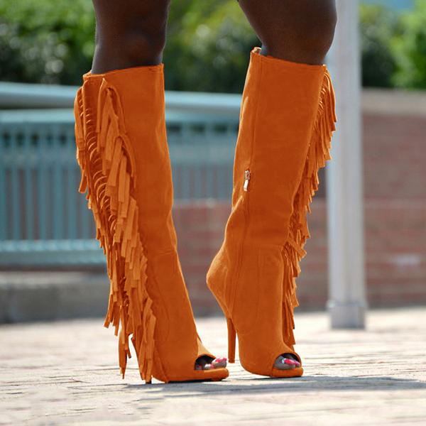 Shiningmiss Fashion Tassel Peep Toe Stiletto Heel Tall Boots