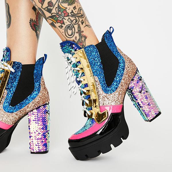 Shiningmiss Mermaid Sequin Chunky Heel Platform Lace Up Boots