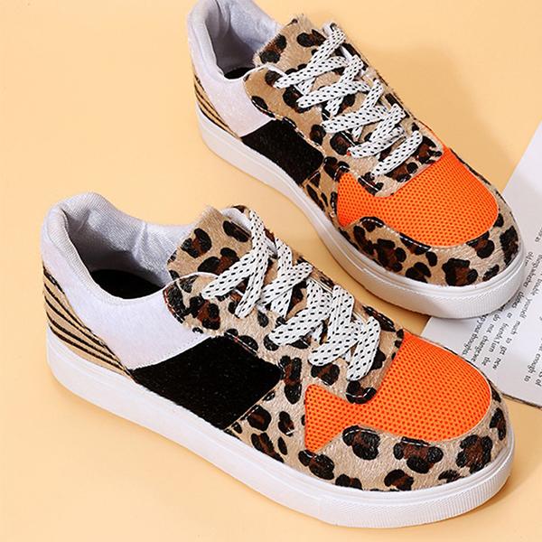 Shiningmiss Round-Toe Patchwork Leopard Print Sneakers