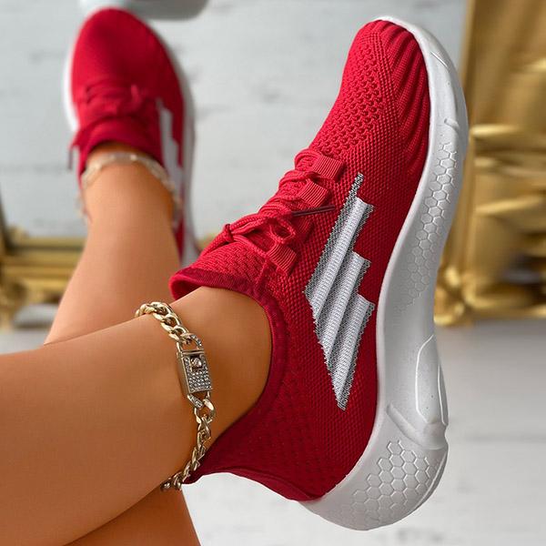 Shiningmiss Lace-Up Knit Striped Colorblock Breathable Sneakers