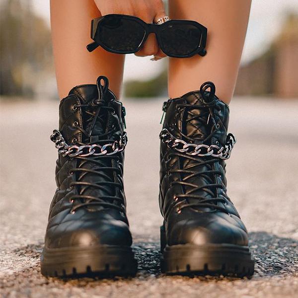 Shiningmiss Fashion Soft Leather Lace-Up Chain Booties