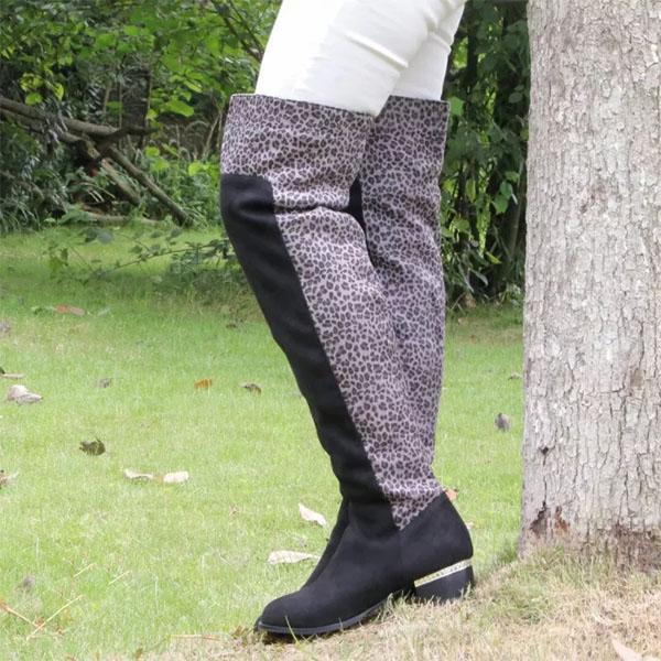 Shiningmiss Leopard Patchwork Over-The-Knee Boots