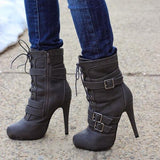 Shiningmiss Lace-Up High Heel Boots With Buckles