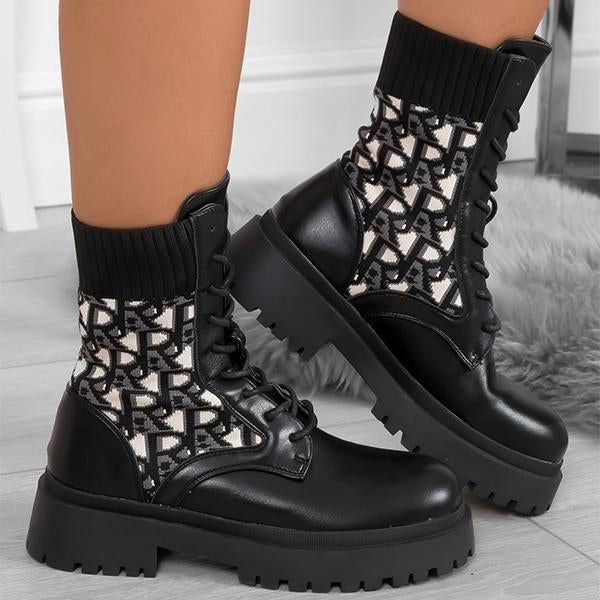 Shiningmiss Letter Patterned Knit Ankle Boots