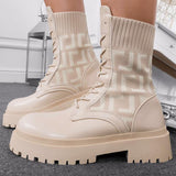 Shiningmiss Letter Patterned Knit Ankle Boots