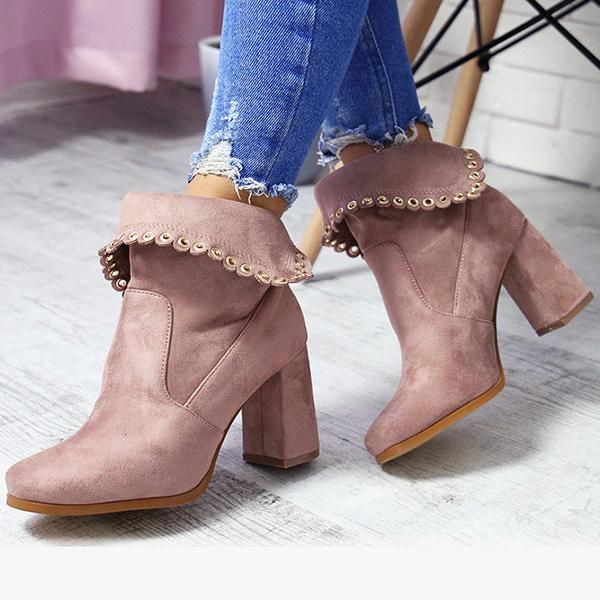 Shiningmiss Faux Suede Lace Block Heel Ankle Boots