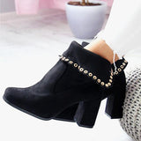 Shiningmiss Faux Suede Lace Block Heel Ankle Boots