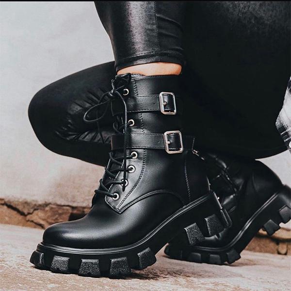 Shiningmiss Stylish Faux Leather Adjustable Buckle Combat Boots