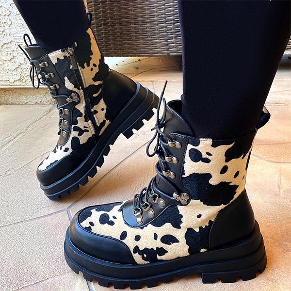 Shiningmiss Cow Print Lace-Up Combat Booties