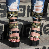 Shiningmiss Square Toe Platform Chunky Heels With Gold Studs