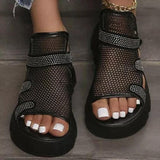 Shiningmiss Rhinestone Hollow-Out Velcro Solid Color Platform Sandals