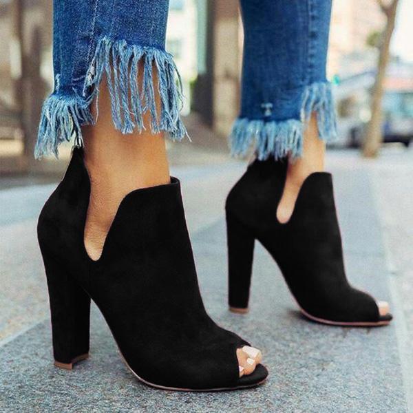 Shiningmiss Women Solid Peep Toe Chunky Heeled Boots